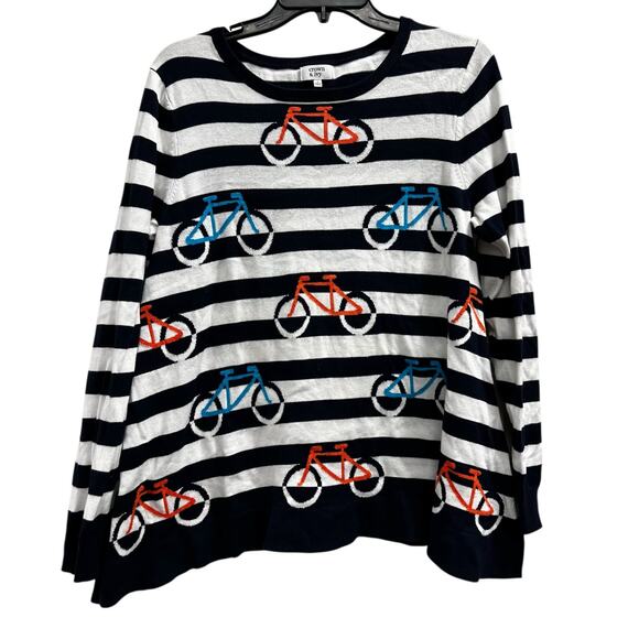 CROWN & IVY Blue Stripe quirky whimsy bicycle bike coastal nautical sweater sz S - Picture 1 of 7